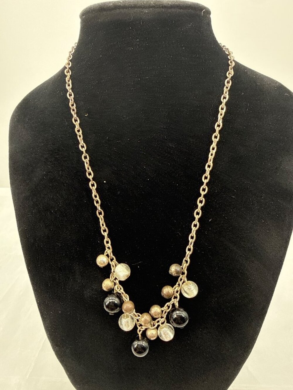 Silver Tone Cluster Bead Fringe Bib Necklace Black Clear Y2K Grunge Goth
